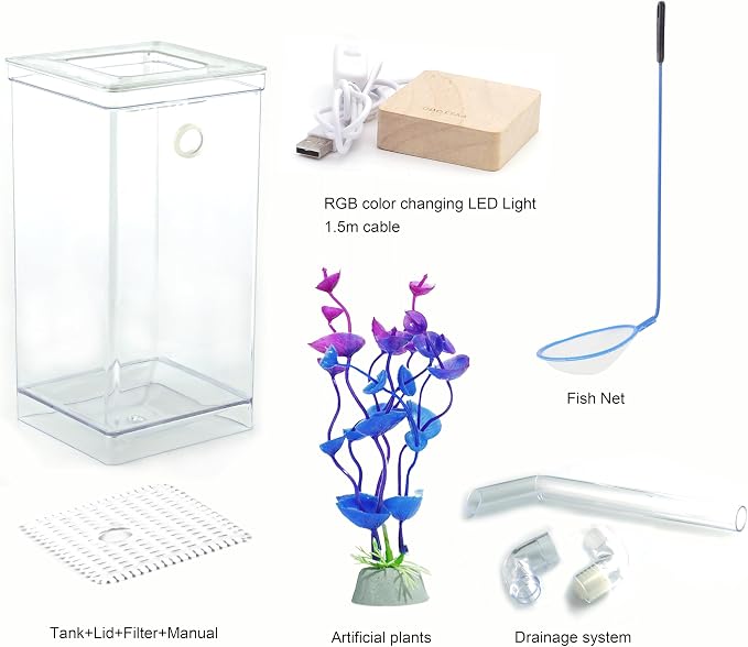 My 1st Fish Tank™ : Gen 2, Mini Fish Tank Aquarium Starter Kit 1 gal, Professional for Betta, Easny Maintain, Self Cleaning System-Only Add Water, Beautiful Color Changing LED Light, Color Box