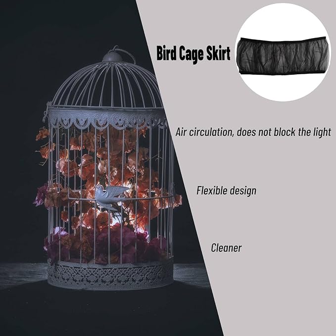 Hakeeta Bird Cage Skirt, Mesh Bird Seed Catcher, Airy Net Cover, Soft Nylon Ventilated Skirt Traps Seed Guard for Parrots with Adjustable Drawstring (Large Size-XL, Black)
