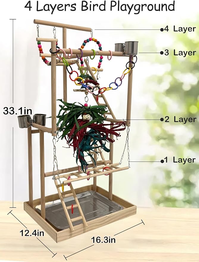 4-Tier Large Wooden Bird Playground with Trays Cups Ladder - Parrot Playstand, Birds Play Stand, Wood Perch Gym for Parrots Cockatiels - Durable Multi-Level Bird Activity Center