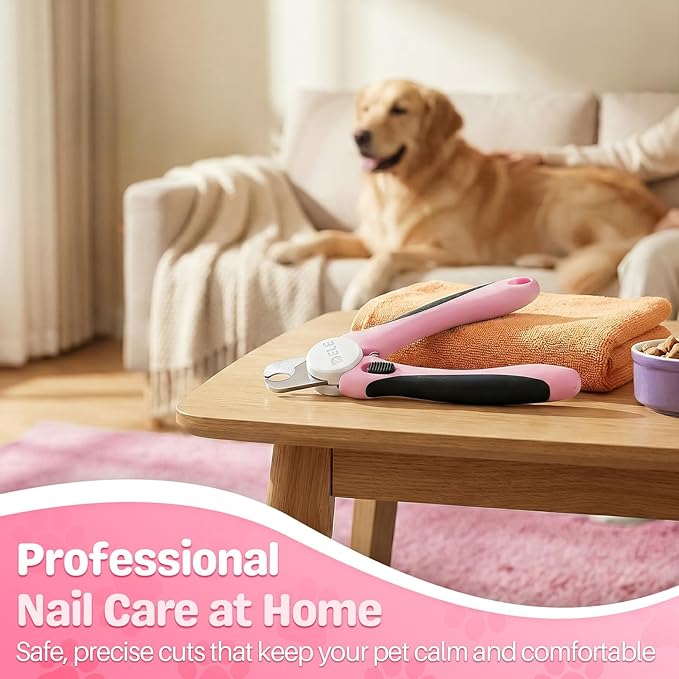 Flexzion Pet Nail Clippers for Dogs & Cats - Stainless Steel Blade Cat Nail Trimmer with Stored Nail File, Safety Guard, Easy Grip Handle - Dog Nail Clippers for Large Dogs, Medium Small Breeds, Pink