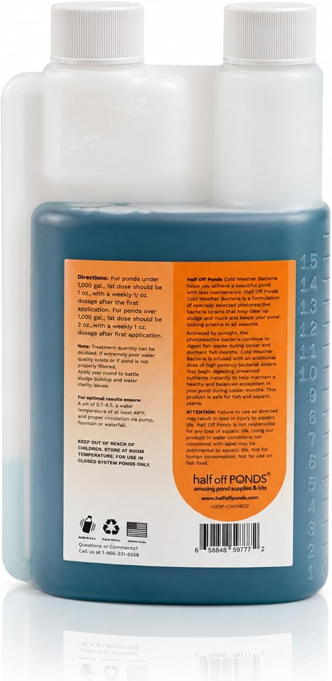 Cold Weather Pond Bacteria Treatment with Enzymes, 16 oz | Cold weather formula, breaks down sludge and fish waste, activates at 48°F, fish and plant safe, boosts beneficial bacteria