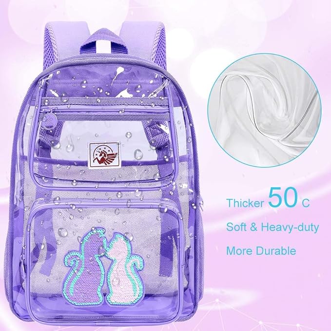AGSDON 3PCS Clear Backpack for Girls, Kids Cat Transparent Backpack with Heavy Duty PVC, See Through Backpacks with Lunch Bag-Purple