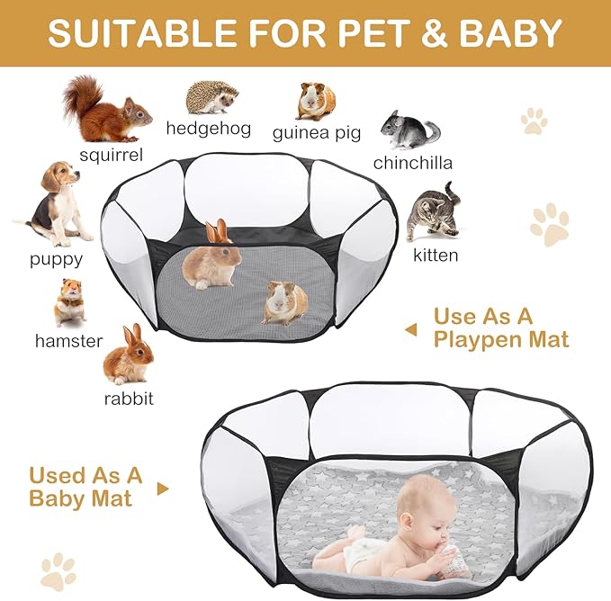 VitalCozy Hamster Playpen with Mat Small Animal Cage Tent Breathable Transparent Guinea Pig Playpen Waterproof Portable Yard Fence Mat Foldable Exercise Playpen Outdoor Indoor (Black,Star)