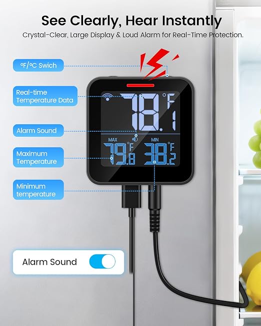 WiFi Refrigerator Thermometer, Freezer Alarm with LCD Display | Digital fridge monitor with app alerts & buzzer & indicator alarm, anti-false for kitchen, fish tank and hot tub, 2.4G Wi-Fi