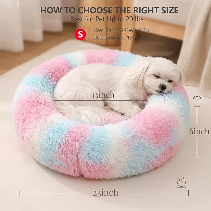 Calming Donut Dogs Beds for Small Dogs Washable,23inch Plush Round Pet Bed for Cozy Sleep,Fluffy Faux Fur Large Cat Bed,Fits up to 25 lbs Pets,Multi Colored