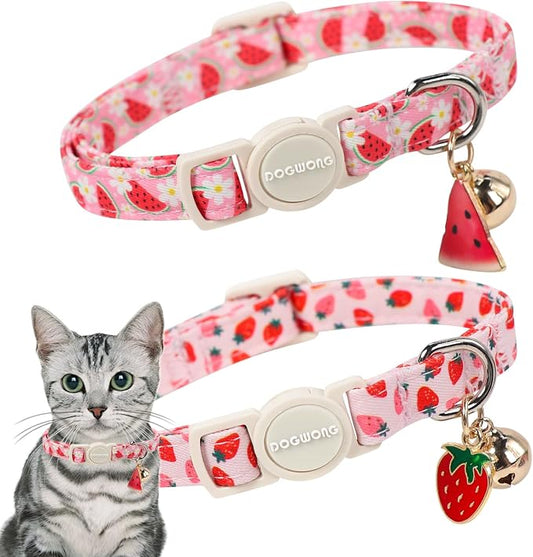 2 Pack Pink Cat Collars - Spring Summer Breakaway Cat Collar with Bell, Adjustable Cute Pink Plaid Kitten Collars for Girl Cats, 7-12 Inch