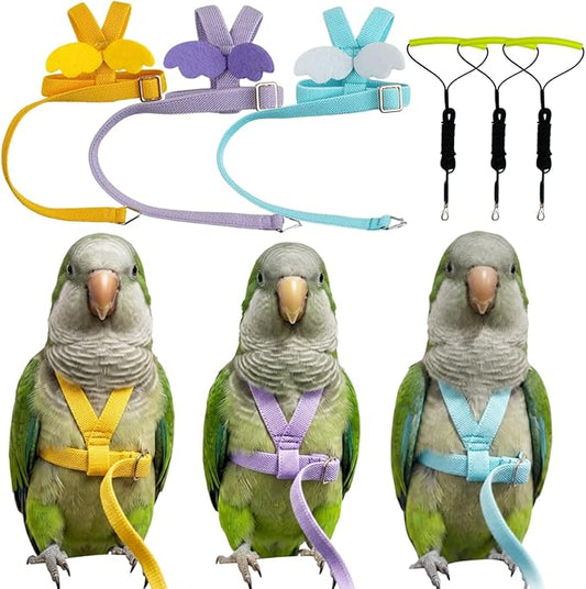 3 Pack Adjustable Bird Harness with Elastic Leash, Pet Parrot Harness and Leash, Adjustable Training Design Anti-Bite, Bird Nylon Rope with Cute Wing for Conure African Grey (L)