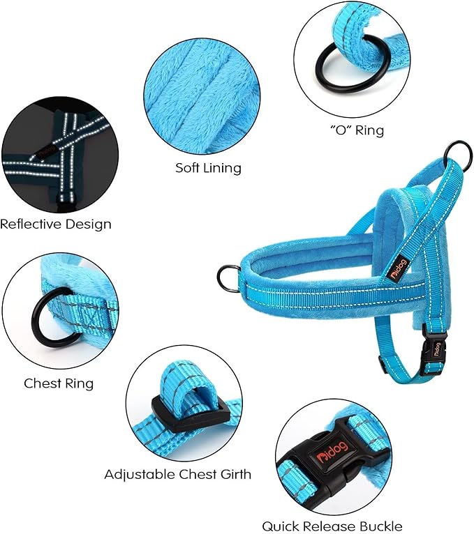 Didog Soft Flannel Padded Dog Vest Harness, No Pull/Quick Fit Reflective Dog Strap Harness, Easy for Training Walking (M:Chest 22-26", Blue)