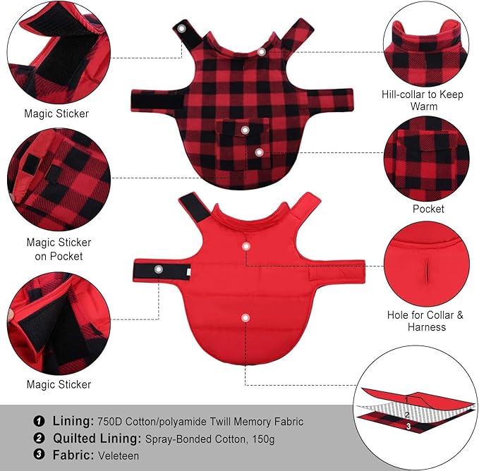 ASENKU Dog Winter Coat, Fleece Doggie Jacket Plaid Reversible Vest Waterproof Windproof Cold Weather Clothes for Small Medium Large Dogs(Red S)