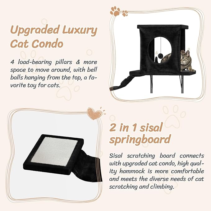 7-in-1 Cat Wall Shelves, Wall Mounted Cat Climber Set, Cat Furniture with House, Tunnel, Bridge, Steps, Scratcher, Hammock, Shelves for Indoor, Black