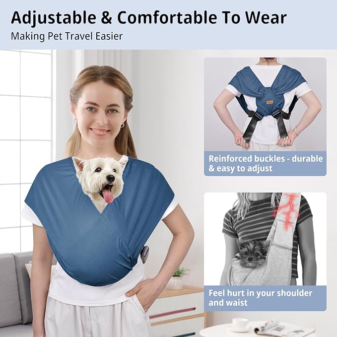CUBY Swaddle Dog Sling Carrier for Small Dogs, Front Pet Sling Carrier Chest,Hands Free Adjustable Cat Sling Carrier Soft Cotton Reducing Pain Puppy Sling Carrier for Small Pet Up to 10lb (Blue)