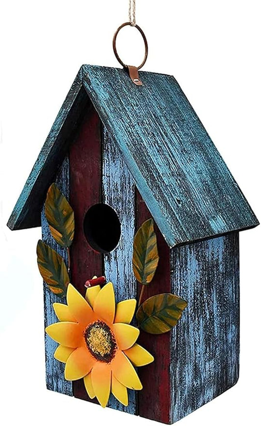 Linfevisi Wooden Bird House Bluebird Nest Box Birds Boxes Home Wood Birdhouses Hanging Outdoor Decorative for Wren Finch Chickadee Sparrows Cardinals Garden Tree 9.37 Inch Tall(Blue)