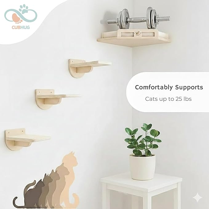 Cat Wall Shelves for Cats & Kitten up to 25 lb – Solid Wood Cozy Corner Bed + Cushion with 2 Washable Covers +3 Wooden Steps, Safe Haven for Indoor Cats, Cat Shelves for Wall, Wood Color