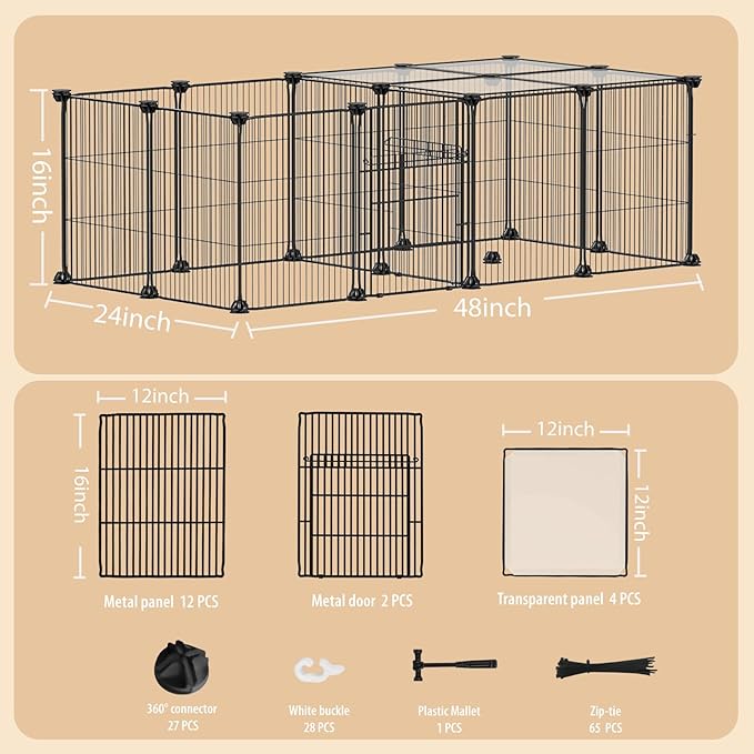 18 Panels Small Animal Playpen, Small Animal Cage with 2 Doors, Metal Wire Yard Fence for Rabbits, Guinea Pigs, Hamsters, Chicken, Hedgehogs, Indoor Outdoor Pet Cage C&C Cage Black