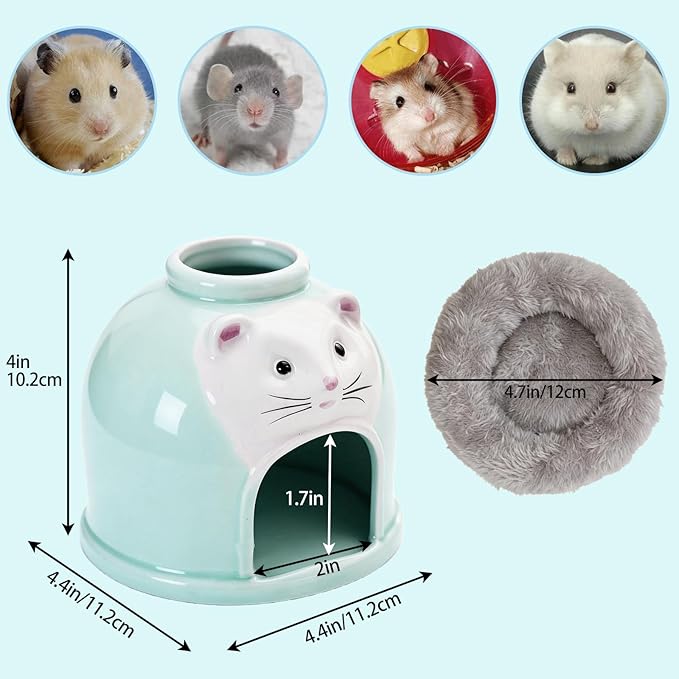 Ceramic Hamster Hideout Syrian Hamster House and Habitat Gerbil Hideaway Cooling Cave for Rat Mice Cage Decor Accessories (Blue)