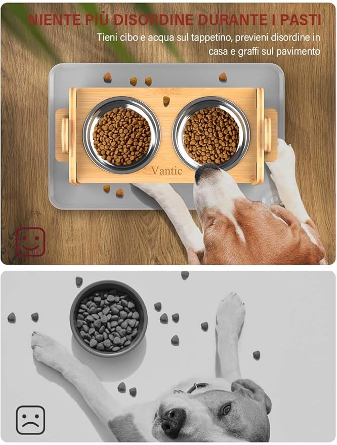 Vantic Elevated Dog Bowls with Mat, Adjustable Raised Dog Bowl Stand for Small Puppy and Cats, Sturdy Bamboo Pet Food Feeder with 2 Stainless Steel Dishes, Natural