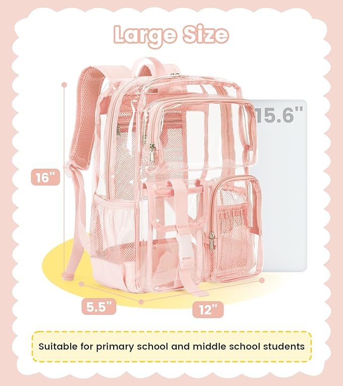 Vorspack Clear Backpack - Heavy Duty Transparent Bookbag for Adults Large See Through backpacks for Work, College, Travel - Light Pink