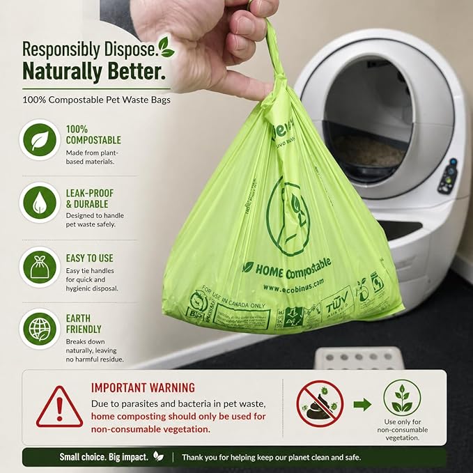 100% Compostable Pet Waste Disposal Bag (140 ct.) Plant-Based Biodegradable Cat Litter Poop Waste Pick-Up Bags with Handles Dog poop Bags Disposable Compost Food Scrap Liners (140 ct.)
