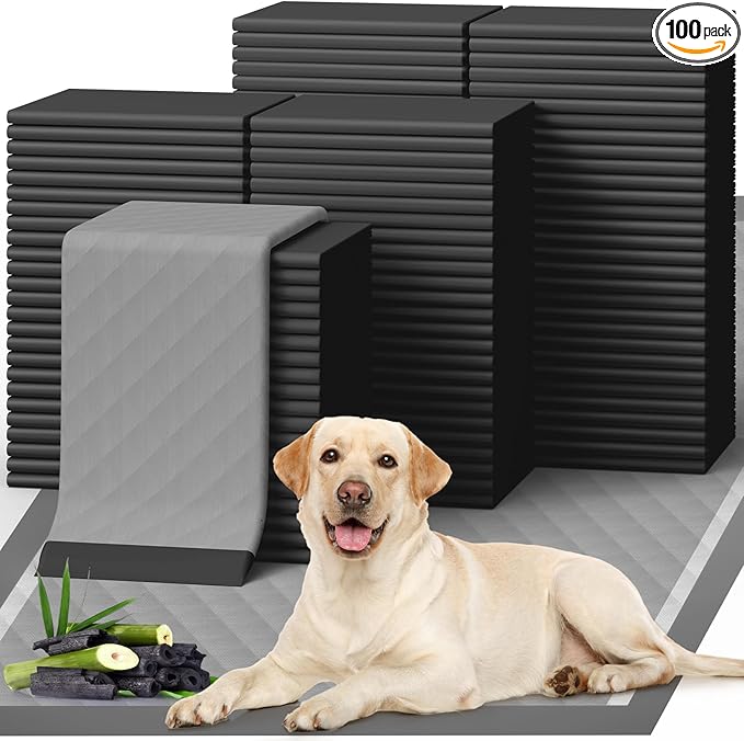 Powools 100-Pack X-Large Puppy Pads - 34'' x 28'' Pee Pads for Dogs Potty Training with Leak-Proof Quick-Dry Design, 6-Layer Wee Wee Pads for Dogs, Charcoal, Black