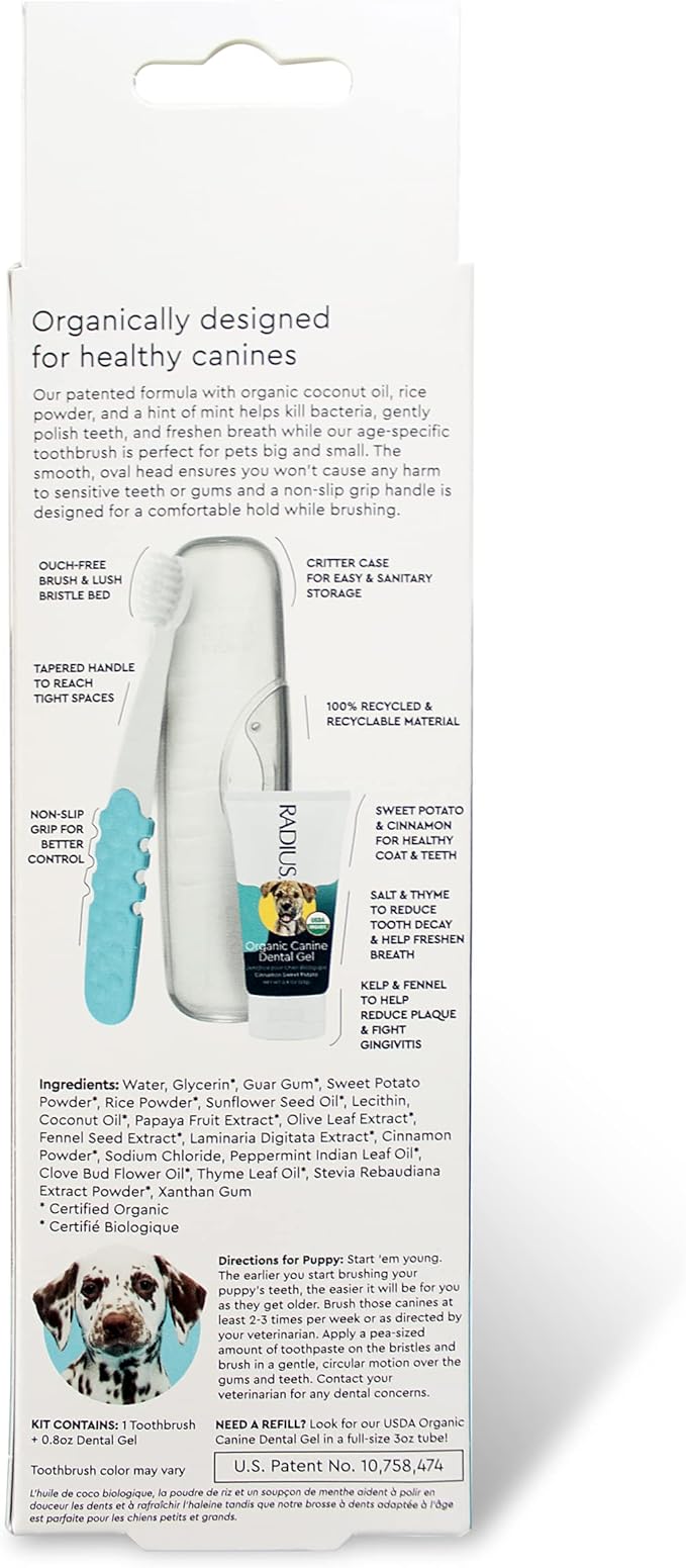 RADIUS USDA Organic Dental Solutions Puppy Kit 2 Units, Kit Includes 1 Dog Toothbrush & 1 0.8oz Toothpaste, Ultra Soft Bristle & Non Toxic Toothpaste for Dogs, Designed to Clean Teeth, Xylitol Free