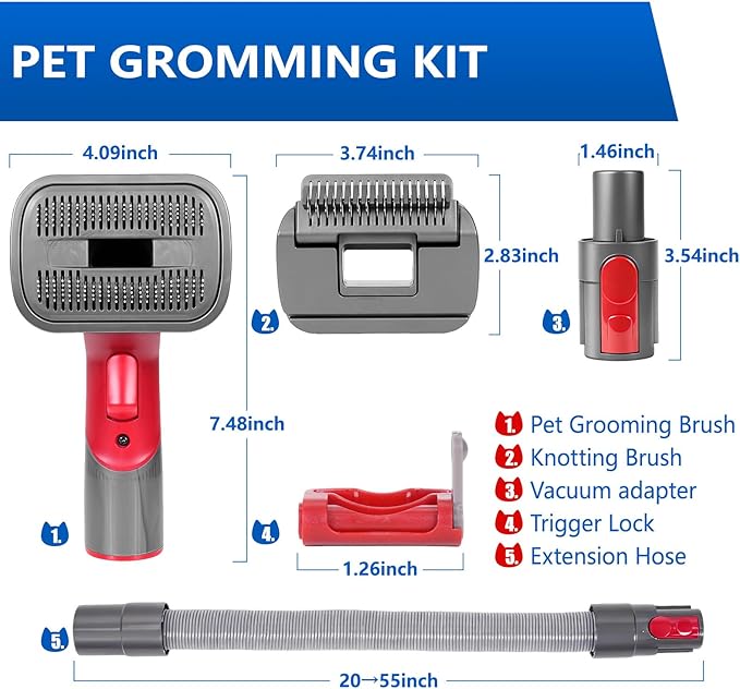 2-in-1 Pet Grooming Kit Compatible with Dyson V7 V8 V10 V11 V15 Vacuum,Dog Hair Vacuum Attachment Removes Loose Hair, Dander, Undercoat & Tangles Self-Cleaning with Extended Vacuum Hose & Trigger Lock