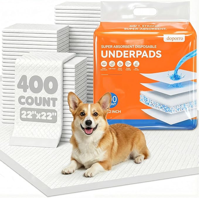 Puppy Pads 400 Count Bulk Pack - Dog Pee Pads with Adhesive Sticky Strips, Super Absorbent Leak-Proof Potty Training Pads for Puppies and Dogs, 22" x 22" White