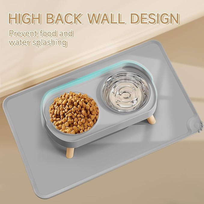 Elevated Cat Bowl with Food Mat, Raised Cat Food and Water Bowl Set for Indoor Cats, Splash Proof with 2 Stainless Steel Pet Food Bowls for Cats and Puppies,Whisker Fatigue and Dishwasher Safe (Grey)