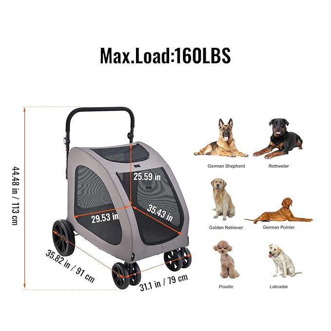 VEVOR Pet Stroller, 4 Wheels Dog Carrier with Brakes, 160lbs Weight Capacity, Portable Puppy Travel Strollers with Breathable Mesh Windows & Height-Adjustable, for Cats & Dogs