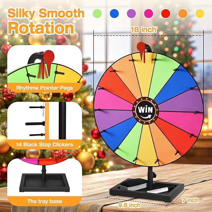 AugFir 18-inch Tabletop Prize Wheel, Prize Wheel Spinner with Stand & Storage Base, Featuring a Prize Wheel with 14 Customizable Color Sections. Suitable for Party Games, Family Games (with line)