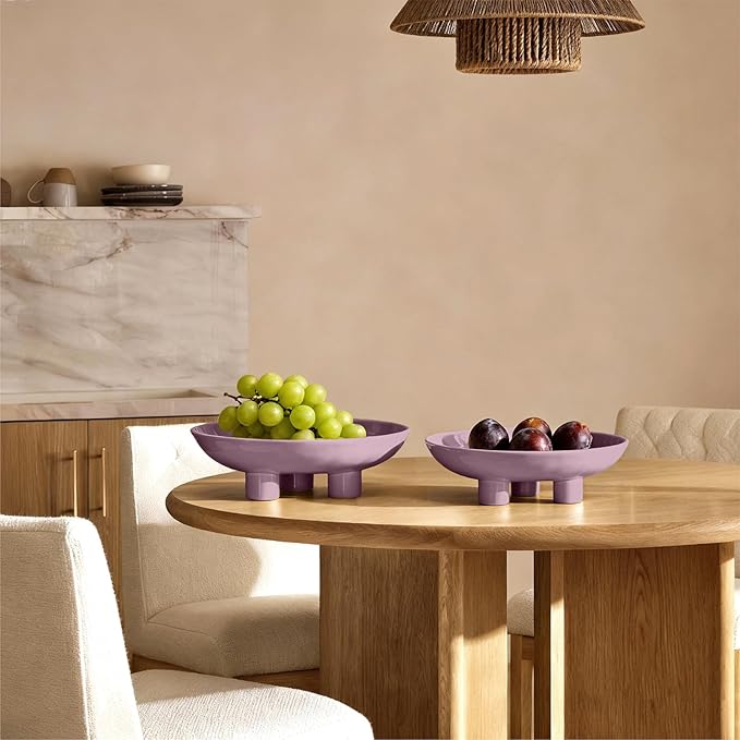 Three-Leg Ceramic Fruit Bowl, 10 Inch Oval Serving Dish for Kitchen Counter, Candy or Key Holder, Home Decor Accent Purple