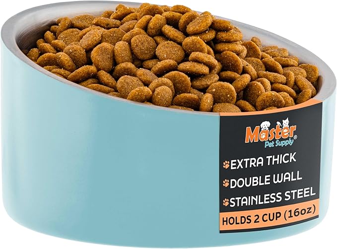 Master Pet Supply Stainless Steel Slanted Dog Cat Food Bowl - 16 oz Heavy Duty - Aqua Sky, Double Wall Insulated, Non-Slip Elevated Bowl for French Bulldogs Pugs Cats, Anti Rust Dishwasher Safe