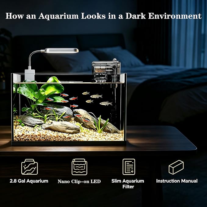 2.8 Gallon Aquarium Starter Kits, Small Fish Tank with Light and Waterfall Filter Pump, Suitable for Small Fish, Shrimp, or Betta Fish Tank