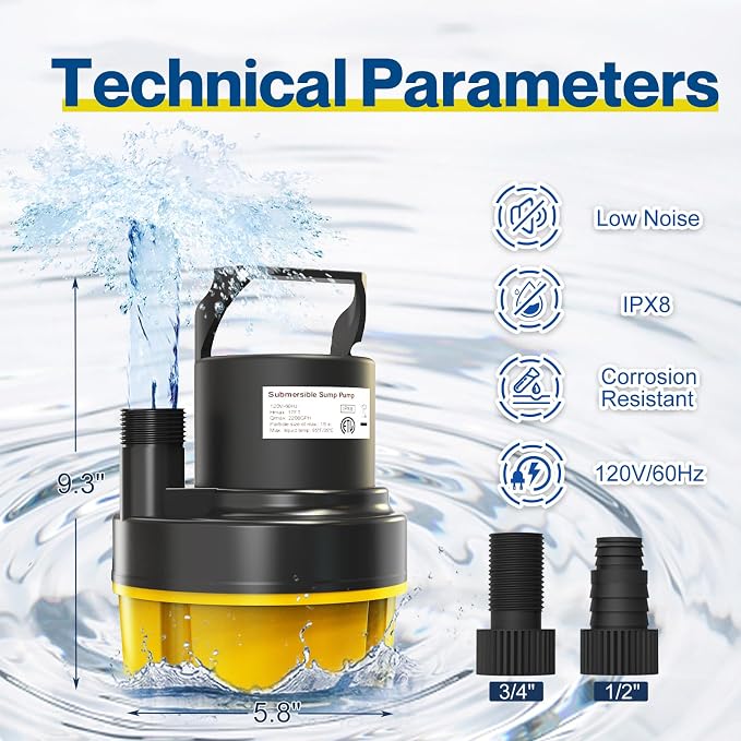 AgiiMan 3500GPH Pool Cover Pump, 1HP Submersible Sump Pump, Yellow | 25FT Power Cord, 17FT Lift, IPX8 Thermoplastic Housing, Thermal Protection, Low Suction for Pools, Basements and Ponds