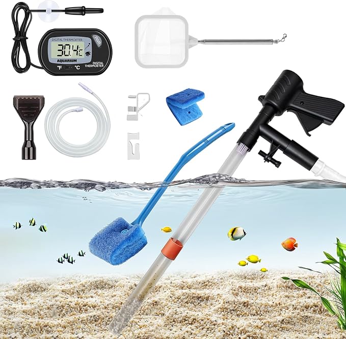 Fish Tank Cleaner Kit with Digital Thermometer, Gravel Vacuum for Aquarium, Aquarium Vacuum & Siphon, Fish Tank Cleaning Kit, Safe for Shrimp & Small Fish