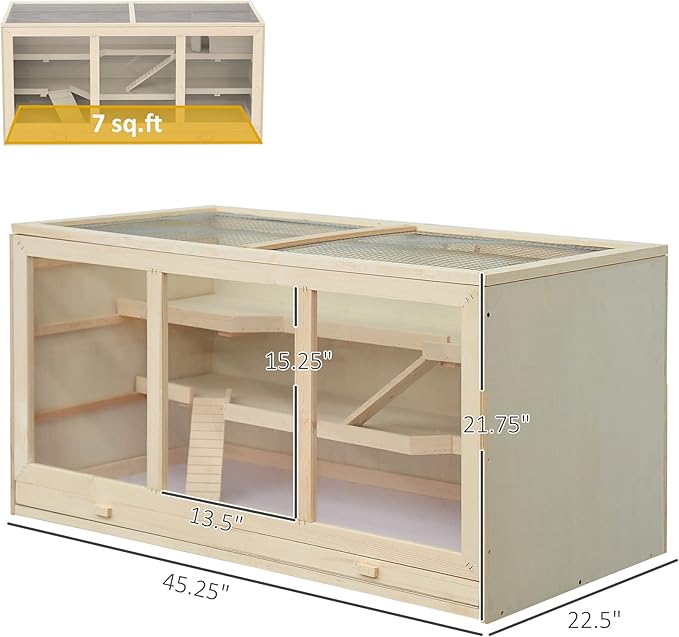 PawHut 45" Extra Large Wooden Hamster Cage, 3-Layer Rat Cage with Opening Roof, PVC Window, Small Animal Habitat for Gerbil, Dwarf & Syrian Hamsters, Natural