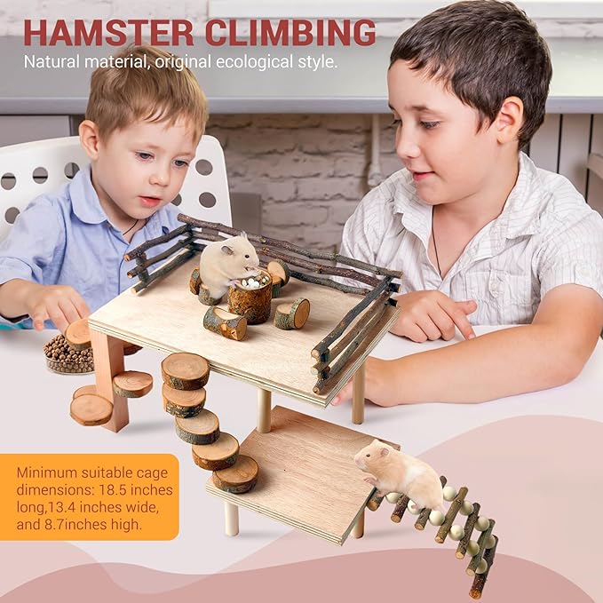 VolksRose Wooden Hamster Playground Platform, Hamster Climbing Toy, Natural Living Climb System, Small Animals Activity Set with Ladder Food Bowl Ramp Bridge for Mouse Gerbil Rat Chinchilla