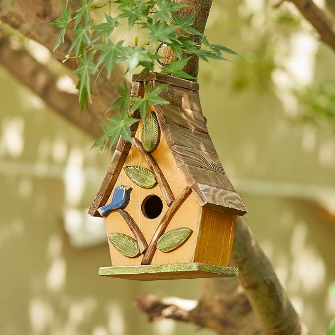 Glitzhome Bird Houses for Outdoors, Solid Wood Bluebird Houses for Outside, 9.5" H Garden Decorative Hanging Birdhouse with Natural Wood Pallet Roof for Finch Swallow Wren Chickadee,Washed Yellow