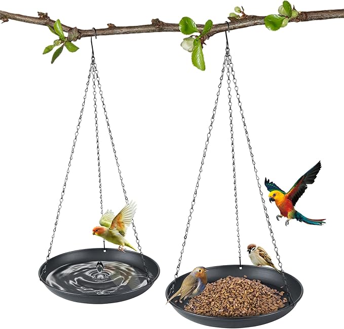 Hanging Bird Bath for Outdoors, 2-Pack Metal Bird Bath & Water Feeder with 2 Shallow Bowls (9.8” & 11.8”), Hummingbird Bath for Wild Birds, Garden, Patio and Yard Decor (9.8IN-1PACK)