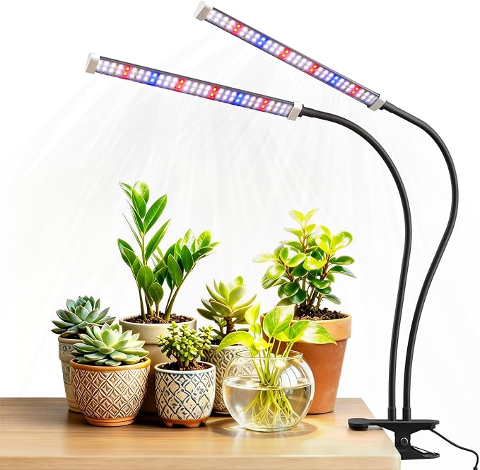 LED Grow Lights for Indoor Plants, Clip-On Clamp, Dual Head | 120 LEDs, Metal Arms with Silicone Sleeves, Upgraded 9V System, 5700K Full Spectrum, 4/8/12H Timer, 5 Brightness Levels