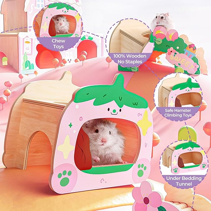 mini&moe Hamster Houses and Hideouts - Wooden Hamster Hideouts Multiple Entrances Small Animal Habitat Cage Accessories & Decor for Syrian Dwarf Gerbils Rat Mouse