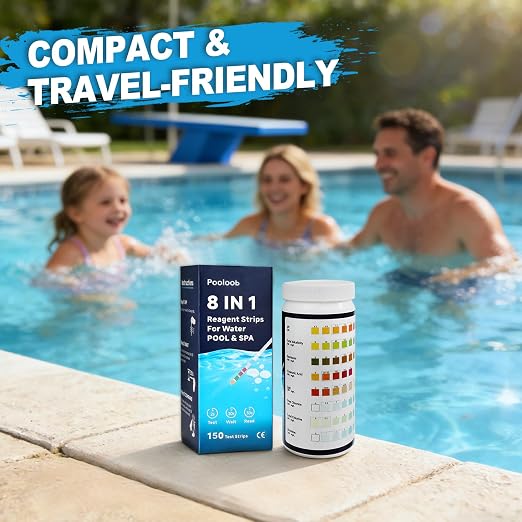 Pooloob 8-in-1 Pool and Spa Test Strips, 150 Count Water Testing Kit for Saltwater & Chlorine Pools - Tests pH, Salt, Free Chlorine, Bromine, Alkalinity, Hardness, Cyanuric Acid & Total Chlorine