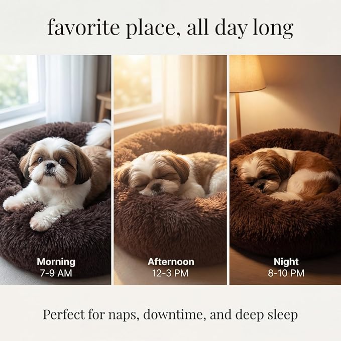 Calming Donut Dogs Beds for Small Dogs Washable,23inch Plush Round Pet Bed for Cozy Sleep,Fluffy Faux Fur Large Cat Bed,Fits up to 25 lbs Pets,Chocolate Brown