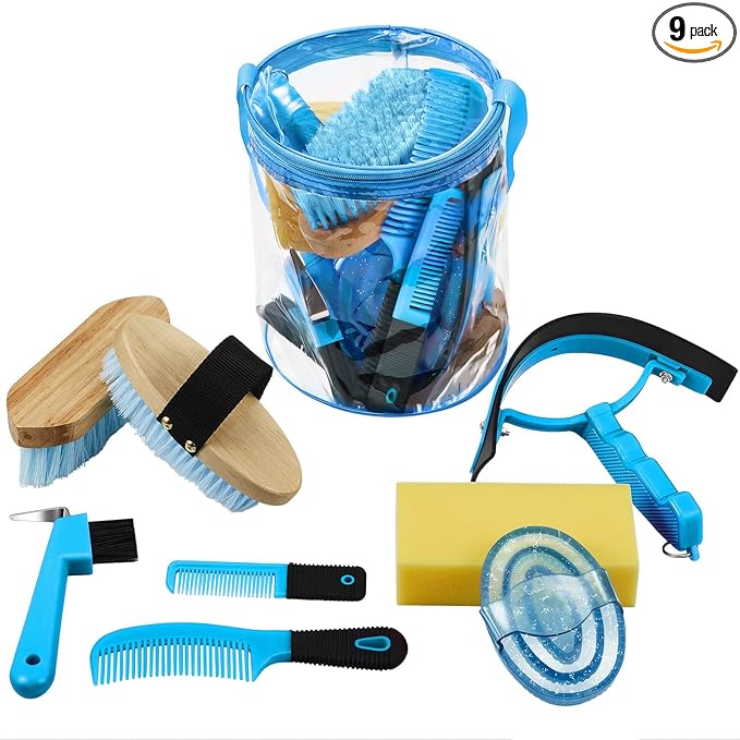 Cunhill 9 Pcs Horse Grooming Kit Tack Room Supplies Set with Tote Bag, Oval Massage Curry, Hard and Soft Brush, Hoof Pick, Sweat Scraper, Bathing Sponge, Comb for Horse Rider(Cute,Blue)