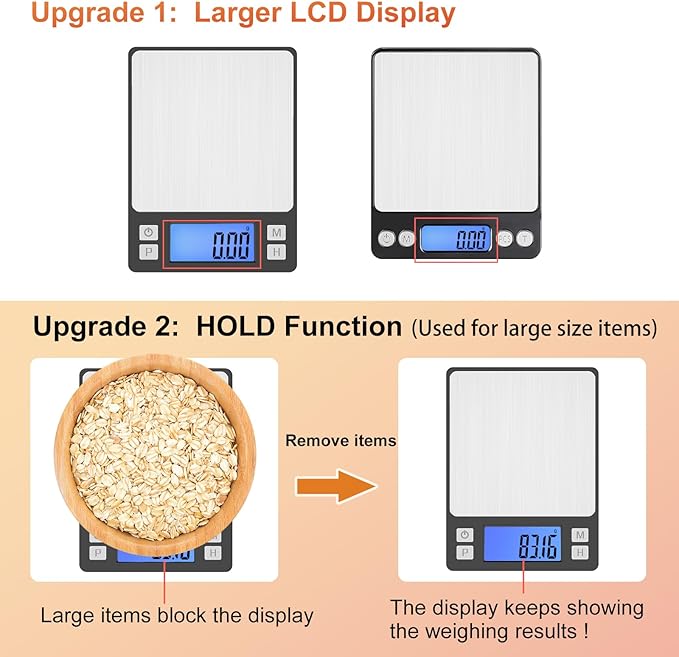 BOMATA 0.01g/1kg Upgraded Small Digital Scale, USB Rechargeable, with Larger Display and Hold,Tare Function, 9 Units, High Precision Digital Scale Grams and oz for Small Item, Kitchen…Grey