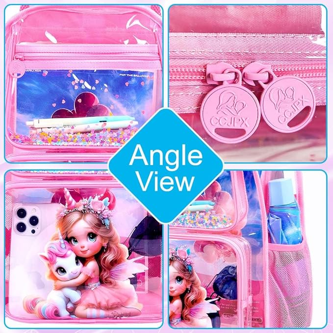 AGSDON 3PCS Unicorn Clear Backpack for Girls,16" Transparent Bookbag Heavy Duty, Cute See Through Backpacks with Lunch Bag - Pink