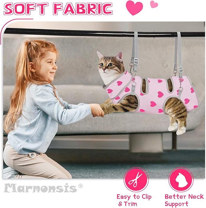 Cat Grooming Hammock, Self-Adherent Wrap for Cutting Nails, Anti-Escape Calming Grooming Bag for Medicine, Nail Clipping, Teeth Brushing, Ear Cleaning (Love, L（WT: 9-18 lbs）)