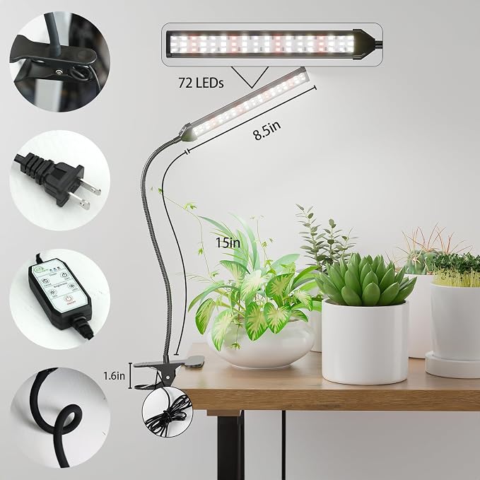 Grow Light for Indoor Plants Growing, 6000K Full Spectrum | Desk Lamp with Red Blue LED for Plants Growth, Strong Clamp with Gooseneck , Dimmable with Auto Timer