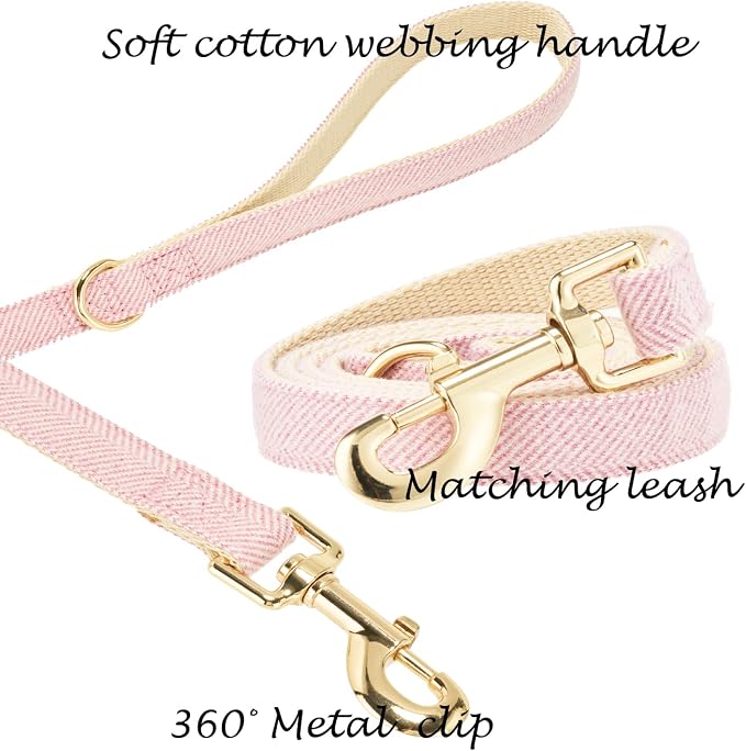 Luxury Soft Cotton Tweed Fabric Dog Collar & Leash Set with Gold Buckle – Durable Fabric, Stylish Design for Everyday Walks(Medium Pink)