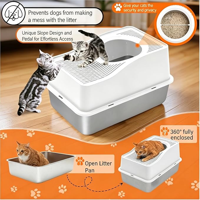 Top Entry Cat Litter Box with Lid, Stainless Steel Enclosed Cat Kitty Litterbox, Top Opening Large Enclosure Metal High Side Litter Pan Tray Box Dog Proof, Easy Cleaning, White