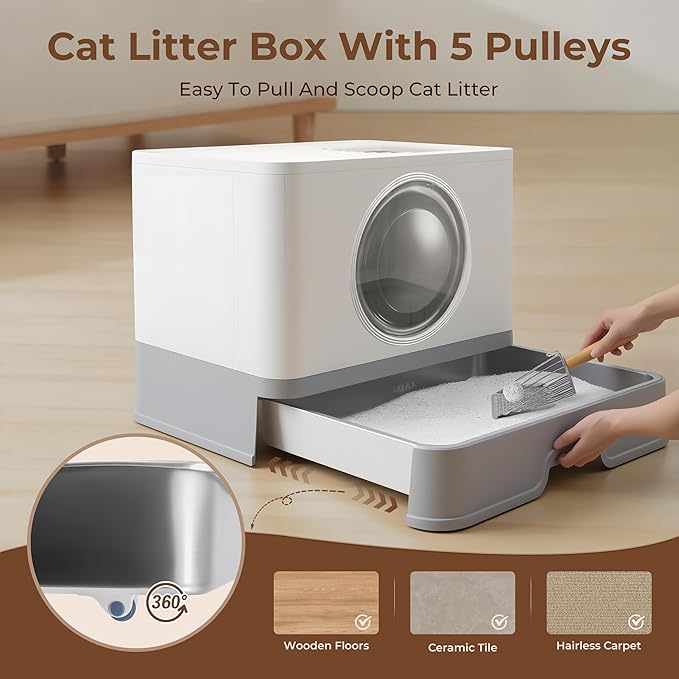 XXXL Stainless Steel Litter Box with Lid, Front Entry Top Exit, Extra Large Metal Cat Litter Box with Drawer, Maine Coon Cats, with Litter Scoop & Litter Mat, Anti-Odor, Anti-Leakage & Non-Stick